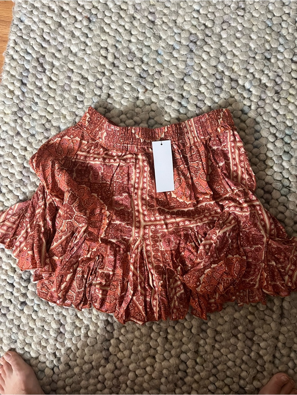 AAkaa Ruffled Tiered Mini Skirt in Rust Paisley